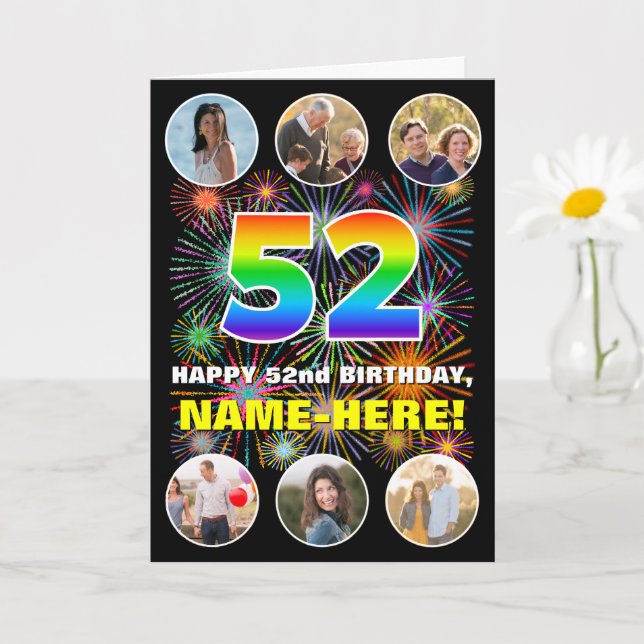 52nd Birthday: Fun Rainbow #, Custom Name & Photos Card (Small Plant)