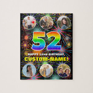 52nd Birthday: Fun Rainbow #, Custom Name + Photos Jigsaw Puzzle