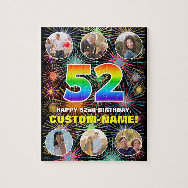 52nd Birthday: Fun Rainbow #, Custom Name + Photos Jigsaw Puzzle (Vertical)