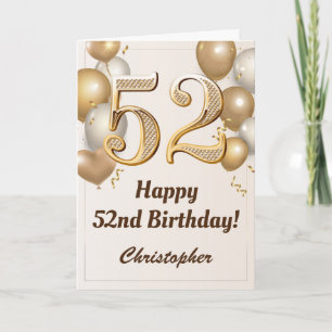 52nd Birthday Gold Balloons and Confetti Birthday Card