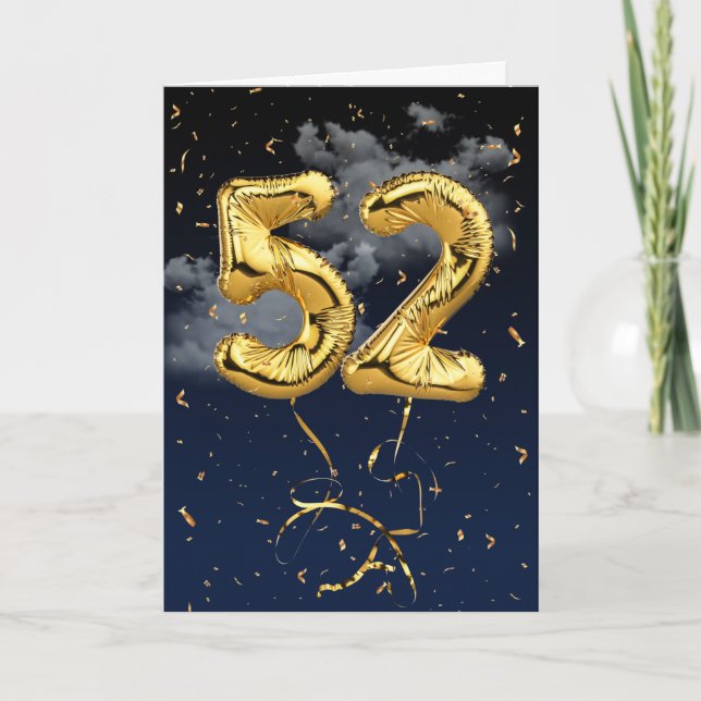 52nd Birthday Gold Mylar Balloon and Confetti Card (Front)