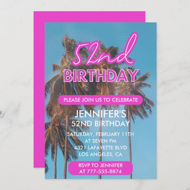 52nd birthday invitation Summer Pink Palm tree (Front/Back)