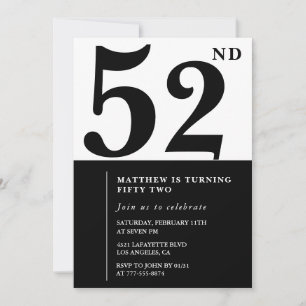 52nd birthday invitations Black and White Elegant