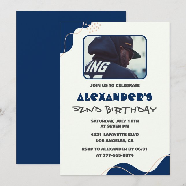 52nd birthday invitations Men Navy Simple Photo (Front/Back)