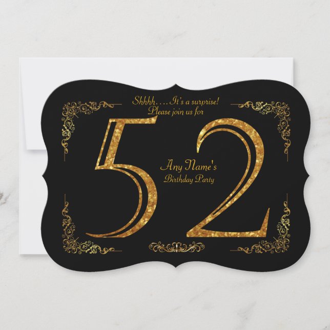 52nd,Birthday party 52nd,great Gatsby,black & gold Invitation (Front)