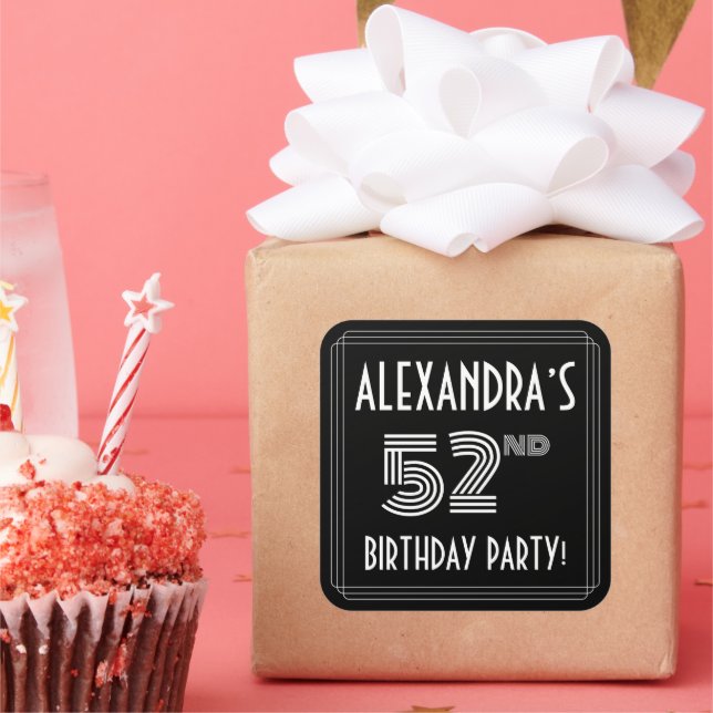52nd Birthday Party: Art Deco Style & Custom Name Square Sticker (Party)