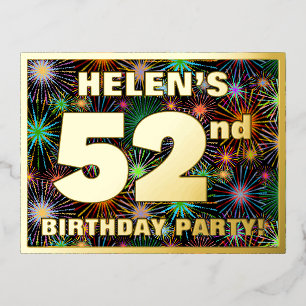 52nd Birthday Party: Bold, Colourful Fireworks Loo Foil Invitation Postcard