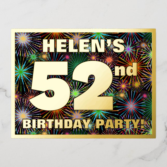 52nd Birthday Party: Bold, Colourful Fireworks Loo Foil Invitation Postcard (Front)