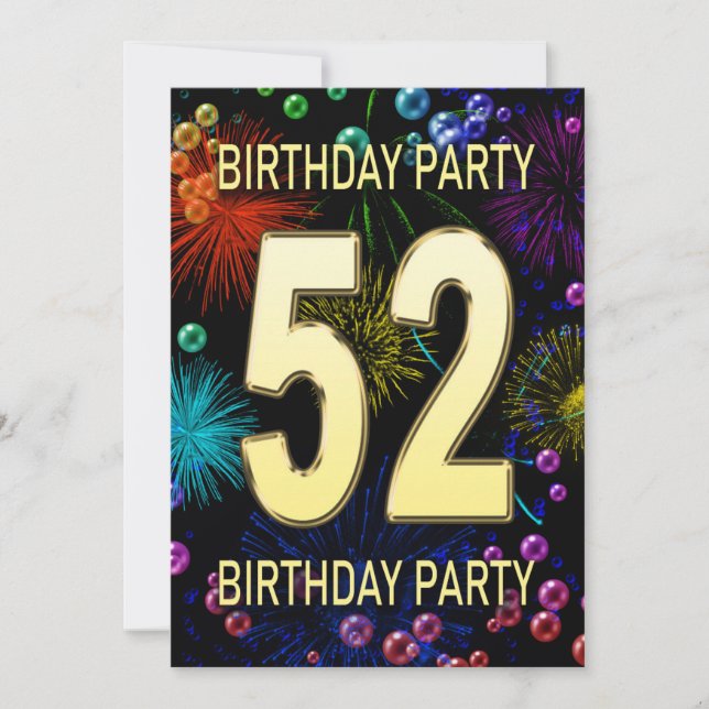 52nd Birthday Party Invitation Fireworks Bubbles (Front)