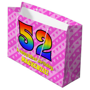 52nd Birthday: Pink Stripes & Hearts, Rainbow # 52 Large Gift Bag