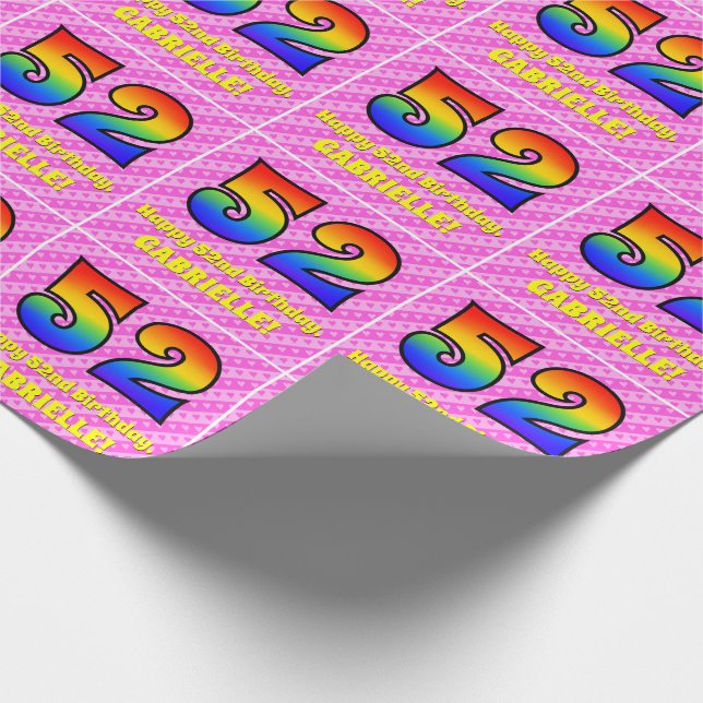 52nd Birthday: Pink Stripes & Hearts, Rainbow # 52 Wrapping Paper (Corner)