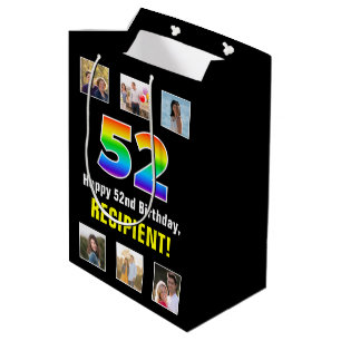 52nd Birthday: Rainbow “52“, Custom Photos & Name Medium Gift Bag