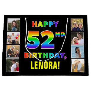 52nd Birthday: Rainbow Text, Custom Photos & Name Large Gift Bag