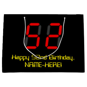 52nd Birthday: Red Digital Clock Style "52" + Name Large Gift Bag