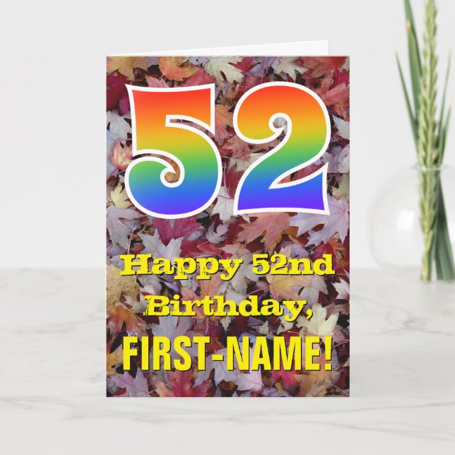 52nd Birthday; Rustic Autumn Leaves; Rainbow "52" Card (Front)