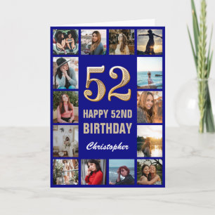 52nd Happy Birthday Navy Blue & Gold Photo Collage Card