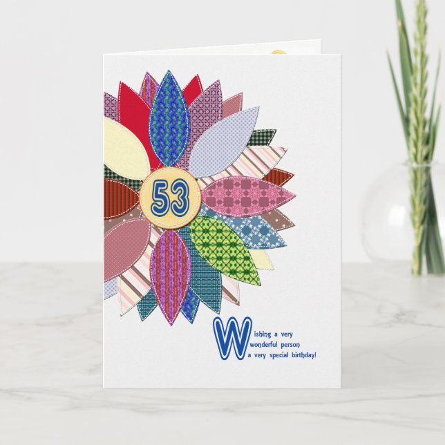 53 years old, stitched flower birthday card (Front)