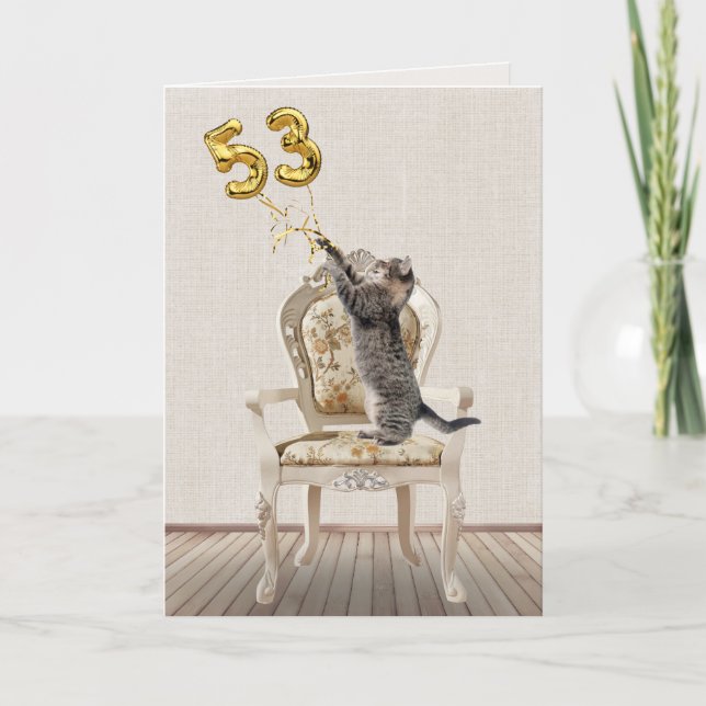 53rd Birthday Balloons and Tabby Cat Card (Front)