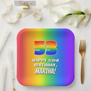 53rd Birthday: Colourful, Fun Rainbow Pattern # 53 Paper Plate