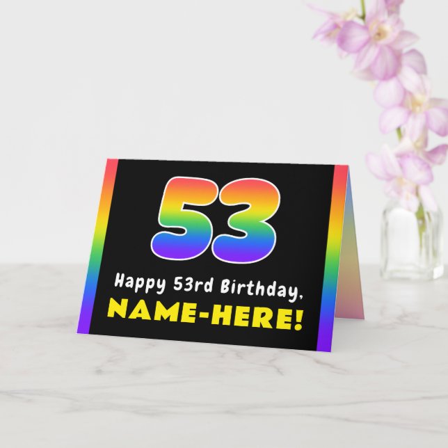 53rd Birthday: Colourful Rainbow # 53, Custom Name Card (Orchid)