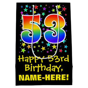 53rd Birthday: Colourful Stars Pattern & Rainbow 5 Medium Gift Bag