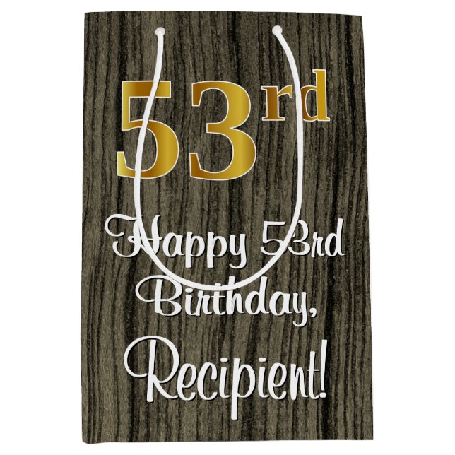 53rd Birthday: Elegant Faux Gold Look #, Faux Wood Medium Gift Bag (Front)
