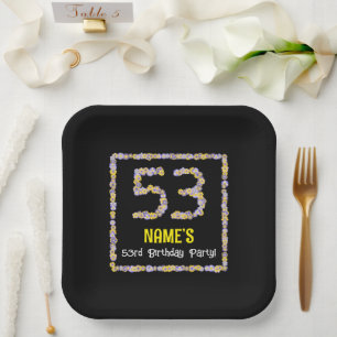53rd Birthday: Floral Flowers Number, Custom Name Paper Plate