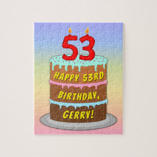53rd Birthday: Fun Cake and Candles + Custom Name Jigsaw Puzzle