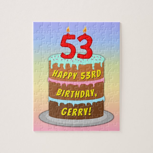 53rd Birthday: Fun Cake and Candles + Custom Name Jigsaw Puzzle (Vertical)