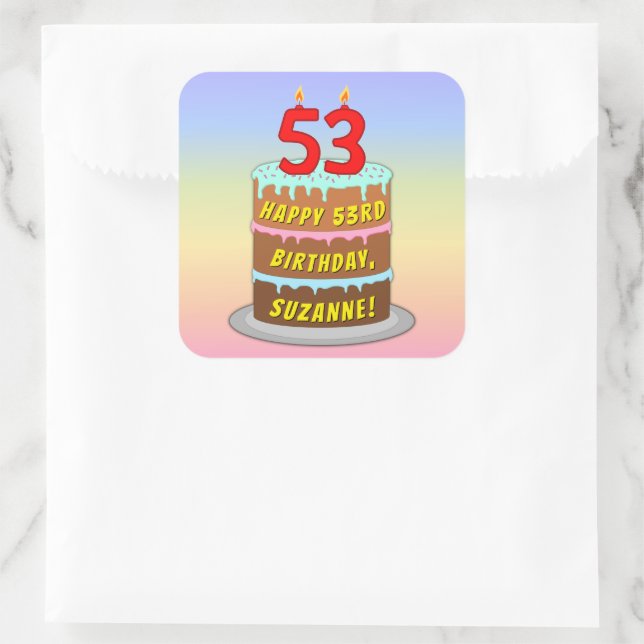 53rd Birthday: Fun Cake and Candles + Custom Name Square Sticker (Bag)