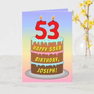 53rd Birthday — Fun Cake & Candles, w/ Custom Name Card