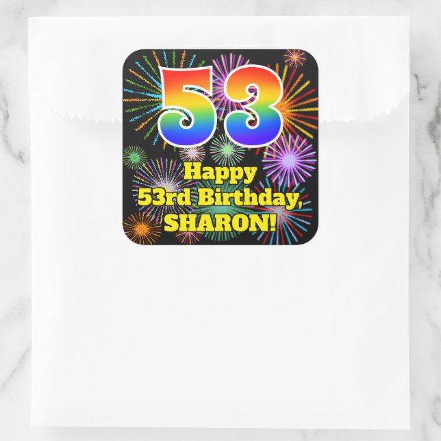 53rd Birthday: Fun Fireworks Look, Rainbow # 53 Square Sticker (Bag)
