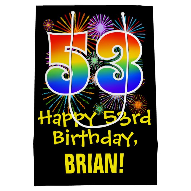 53rd Birthday: Fun Fireworks Pattern + Rainbow 53 Medium Gift Bag (Back)
