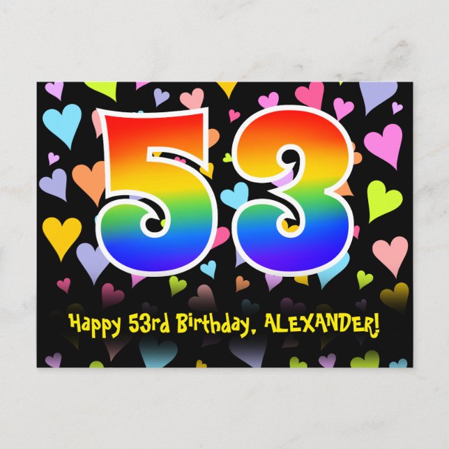 53rd Birthday: Fun Hearts Pattern, Rainbow 53 Postcard (Front)
