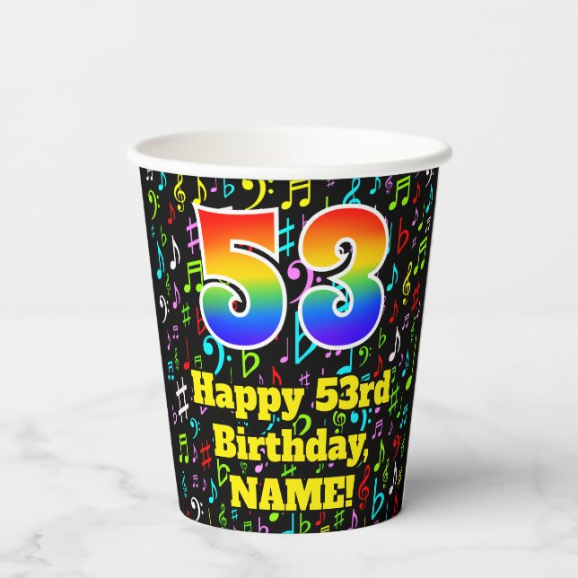 53rd Birthday: Fun Music Notes Pattern, Rainbow 53 Paper Cups (Back)