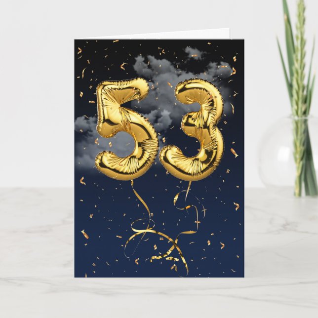 53rd Birthday Gold Mylar Balloon and Confetti Card (Front)
