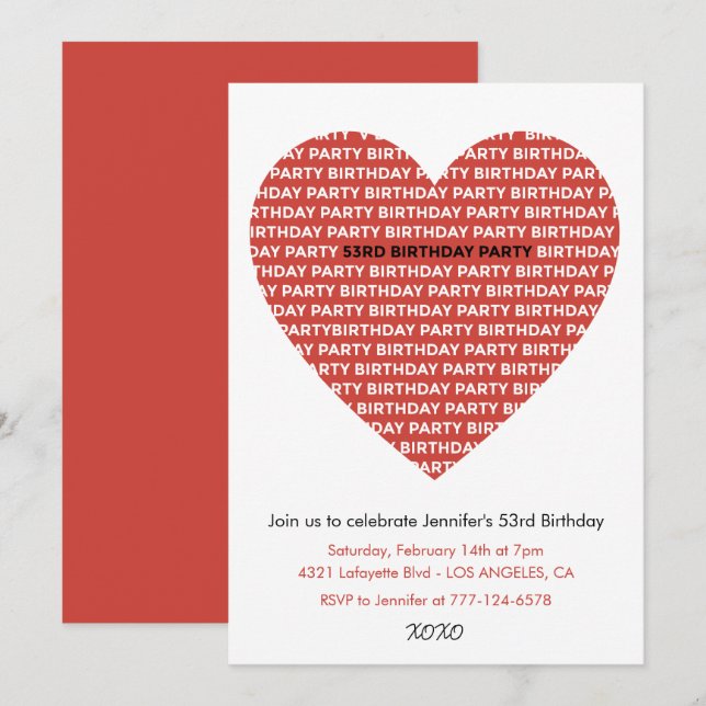53rd birthday invitation Girl xoxo sweetheart (Front/Back)