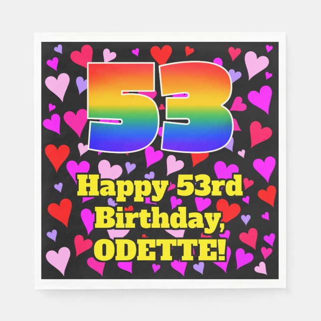 53rd Birthday: Loving Hearts Pattern, Rainbow # 53 Napkin (Front)