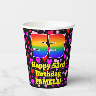 53rd Birthday: Loving Hearts Pattern, Rainbow 53 Paper Cups