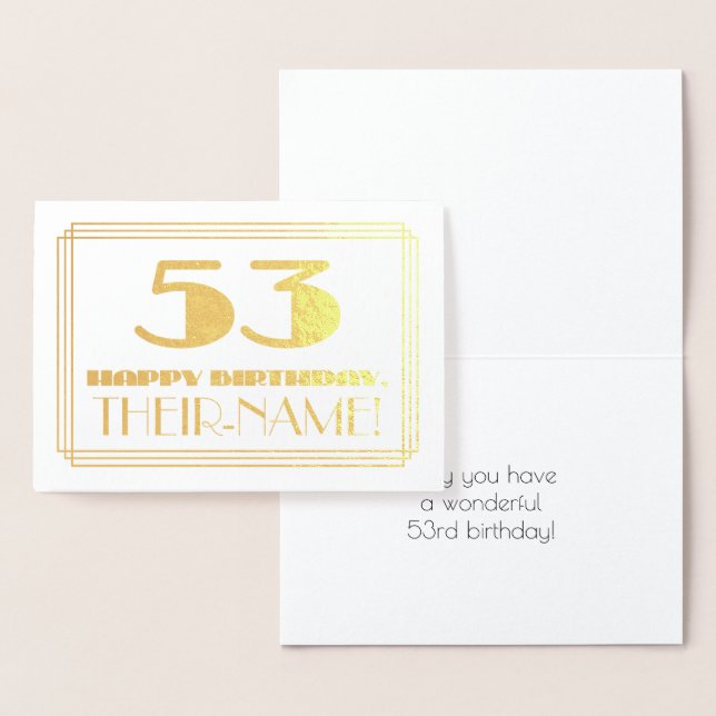 53rd Birthday; Name + Art Deco Inspired Look "53" Foil Card (Display)
