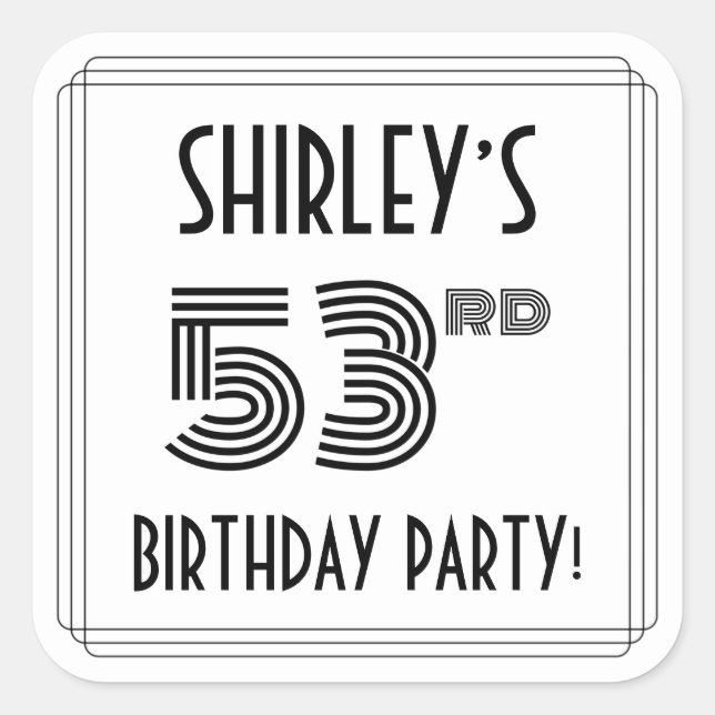 53rd Birthday Party: Art Deco Style + Custom Name Square Sticker (Front)