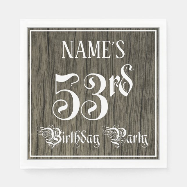 53rd Birthday Party — Fancy Script, Faux Wood Look Napkin (Front)