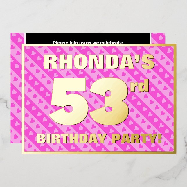 53rd Birthday Party — Fun Pink Hearts and Stripes (Front/Back)