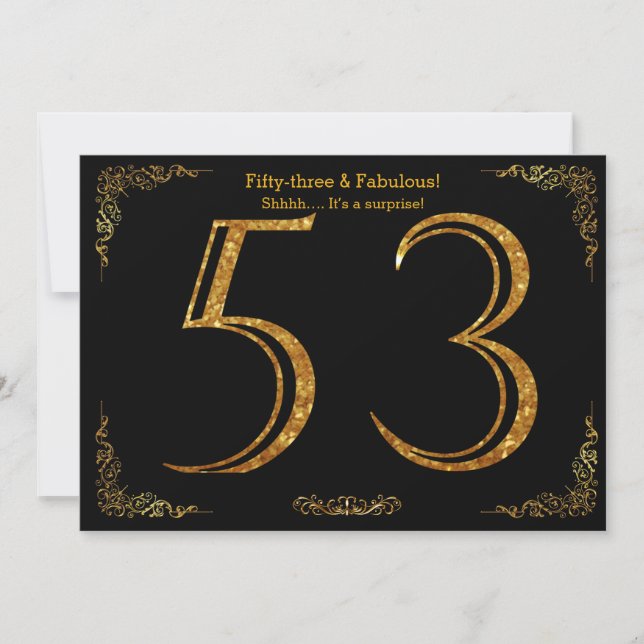 53rd Birthday party,Gatsby styl,black gold glitter Invitation (Front)