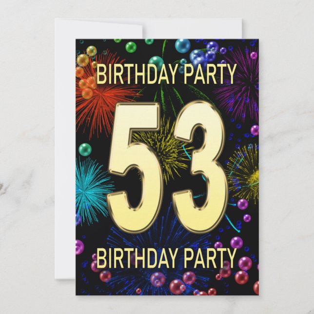 53rd Birthday Party Invitation Fireworks Bubbles (Front)