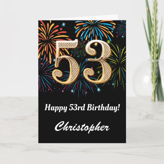 53rd Birthday Rainbow Fireworks Black and Gold Card (Front)