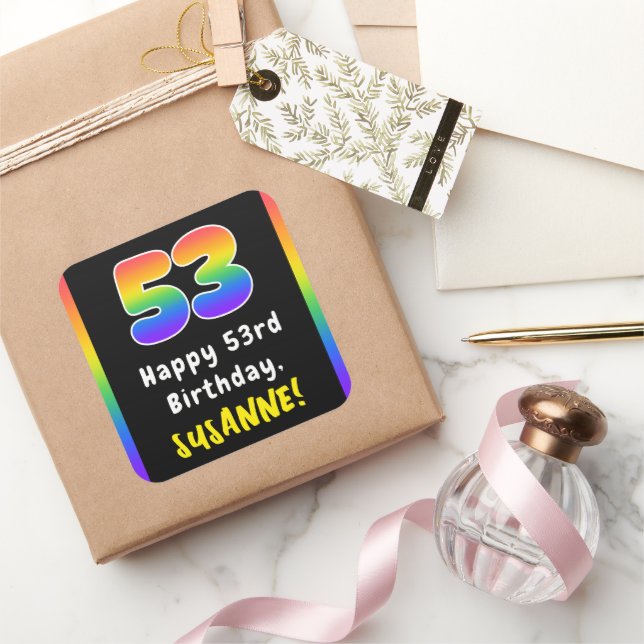 53rd Birthday: Rainbow Spectrum # 53, Custom Name Square Sticker (Gifting)