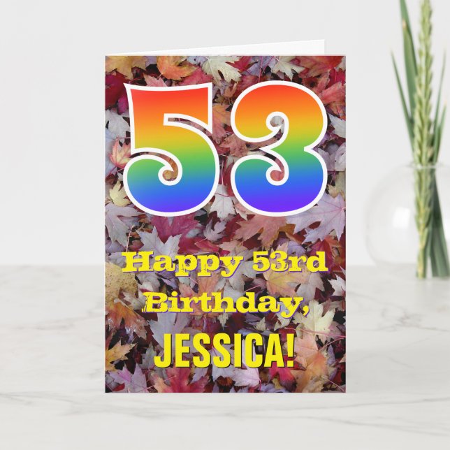 53rd Birthday; Rustic Autumn Leaves; Rainbow "53" Card (Front)