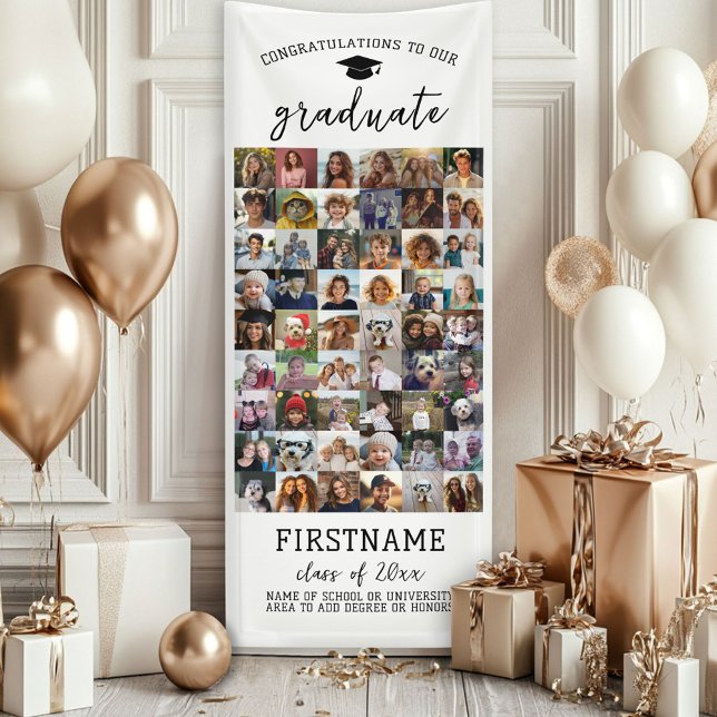 54 Photo Collage Graduation Modern Minimal White Banner (Custom Graduation Banner - Great for a backdrop or Grad Party Decoration)
