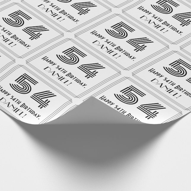54th Birthday: Art Deco Inspired Style "54" + Name Wrapping Paper (Corner)